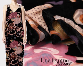 Black Silk etched-out Velvet Apparel Fabric with Floral and Dots Pattern