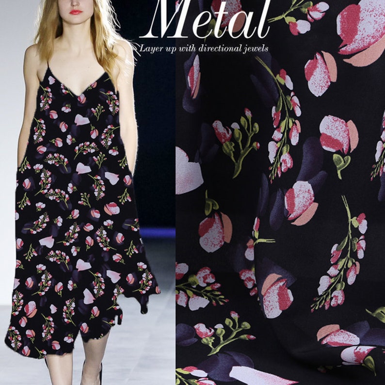 Floral Print 100/% Pure Silk Fabric Black Crepe de Chine Fabrics for Fashion Dress Width 44 inch