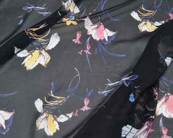 Floral Print 100% Pure Silk Fabric Black Crepe Georgette Fabrics for Summer Width 53 inch