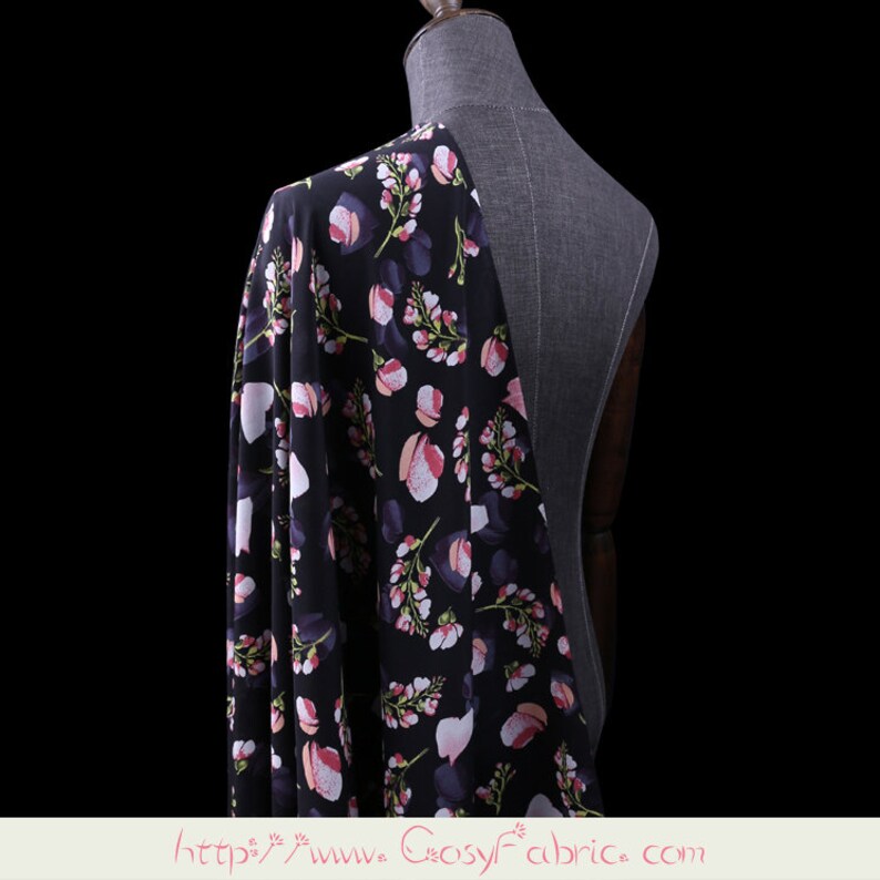 Floral Print 100/% Pure Silk Fabric Black Crepe de Chine Fabrics for Fashion Dress Width 44 inch
