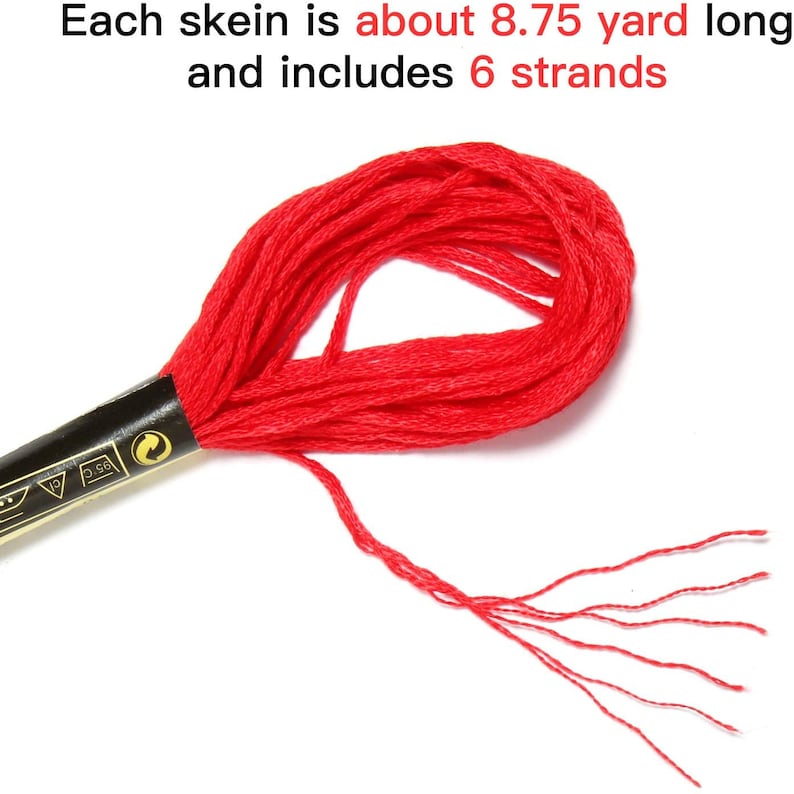 May include: A skein of red embroidery floss, about 8.75 yards long, with six strands. Each skein is wrapped around a black cardboard spool with a white label.