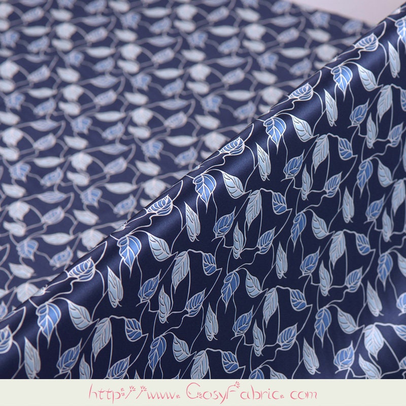 Leaves Leaf Print Navy Blue Stretch Silk Satin Fabric Width 42 - Etsy