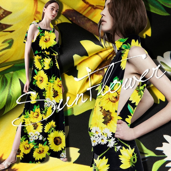 Svart stretchigt sidentyg med blommönster och solrosor, bredd 112 cm