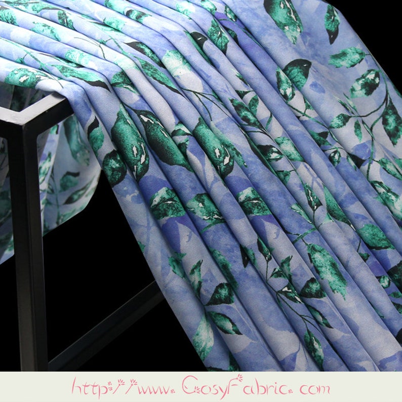 Leaves Leaf Print Blue 100% Silk Crepe de Chine Fabric for Dress Width 53 inch image 6