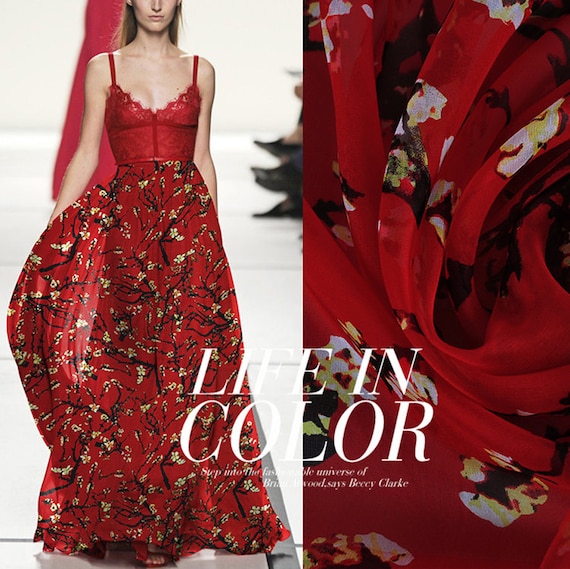 Buy Small Floral Print Red Green 100 Silk Chiffon Fabric Width 53
