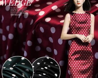 Polka Dot White Dots Print Stretch Silk Satin Fabric Width 42 inch, Dark Green, Red, Black, Navy blue