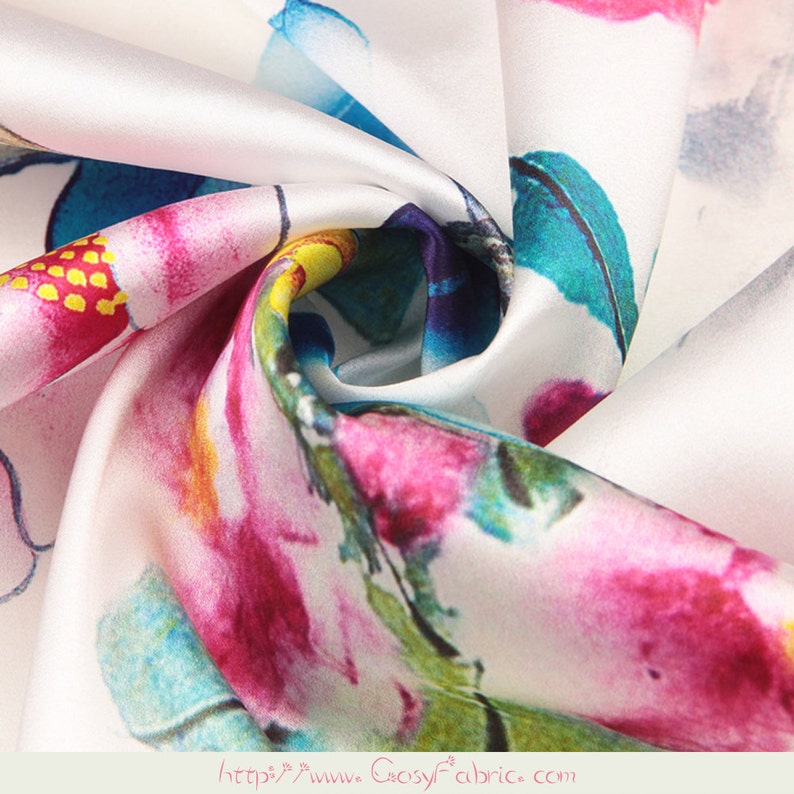 Chinoiserie Floral Print White Stretch Silk Fabric by the Yard Etsy