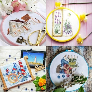 May include: Four embroidery hoops with different designs. The top left hoop has a white house with a lock and key. The top right hoop has a lavender design with the word "Lavender". The bottom left hoop has a nautical design with a lighthouse, a ship, and a steering wheel. The bottom right hoop has a woman in a blue dress holding a child.