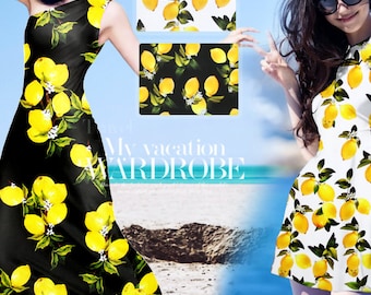 Lemon Yellow Fruit Print 100% Cotton Fabric White Black Width 57 inch