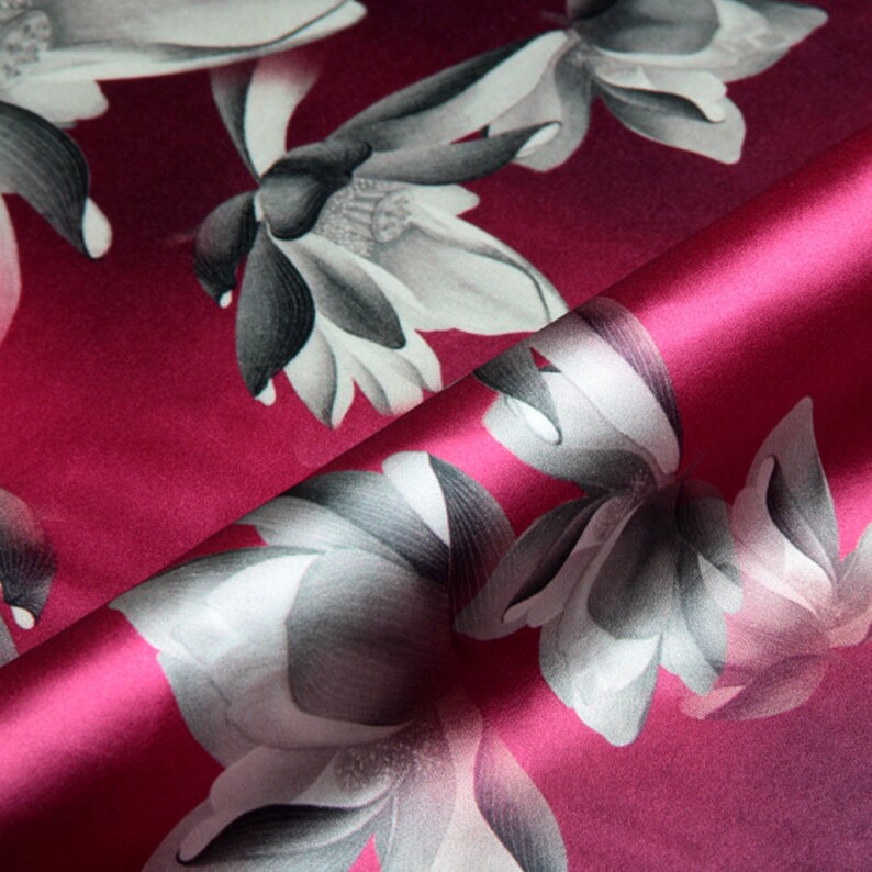 Floral Print Purple Stretch Silk Satin Fabric for Sewing Width Etsy