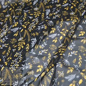 Botanical Plant Print Black 100% Pure Silk Crepe Georgette Fabric Width 55 inch