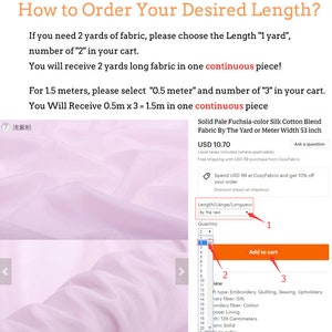 May include: A pink silk cotton blend fabric sold by the yard or meter. The fabric is 53 inches wide and costs $10.70 per yard. The image shows a drop-down menu to select the length of fabric desired and a quantity selection.