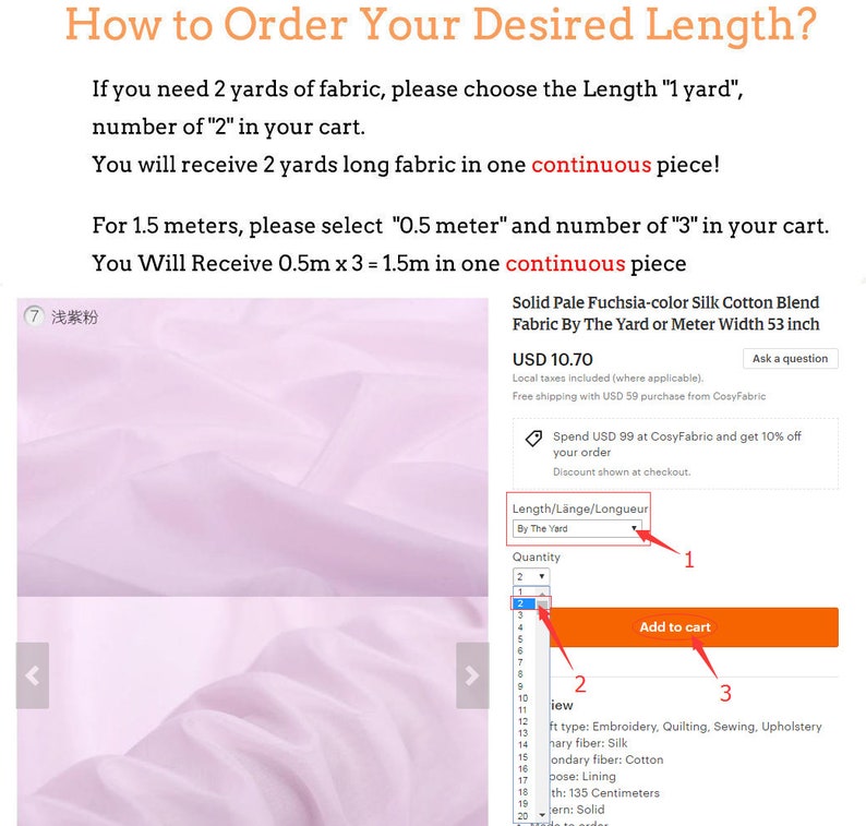 May include: A pink silk cotton blend fabric sold by the yard or meter. The fabric is 53 inches wide and costs $10.70 per yard. The image shows a drop-down menu to select the length of fabric desired and a quantity selection.
