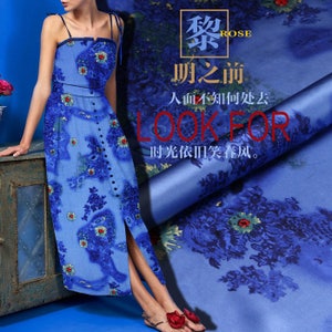 Modern Floral Print Navy Blue 100% Pure Silk Charmeuse Fabric Width 44 inch