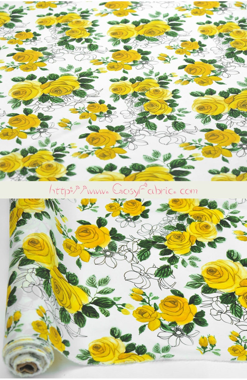 Rose Yellow Floral Print White Stretch Silk Fabric by the Yard Width 44 ...