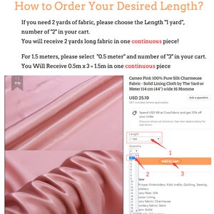 May include: A close-up of a swatch of pink silk charmeuse fabric. The image includes instructions on how to order the desired length of fabric. The fabric is 44 inches wide and is sold by the yard or meter.