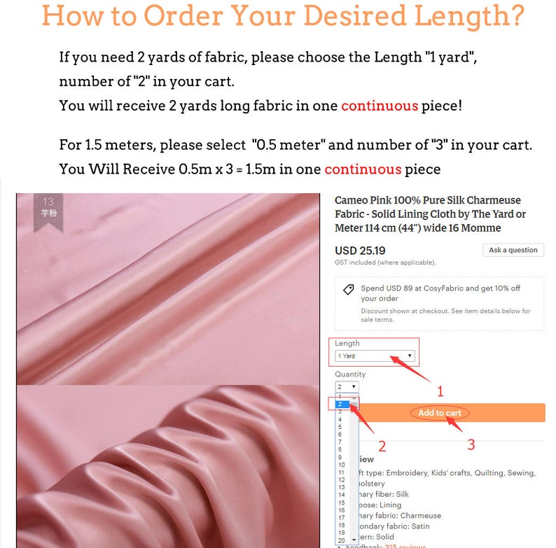 May include: A close-up of a swatch of pink silk charmeuse fabric. The image includes instructions on how to order the desired length of fabric. The fabric is 44 inches wide and is sold by the yard or meter.