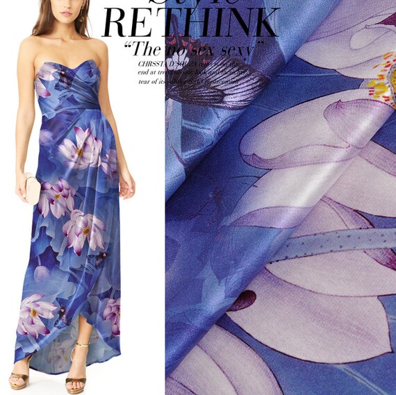 Lotus Flower Floral Print Blue Stretch Silk Satin Fabric By Etsy