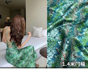 Colorful Feather Print Stretch Silk Satin Fabric Fabrics Cloth with Art Abstract Pattern for Fashion Width 55 inch