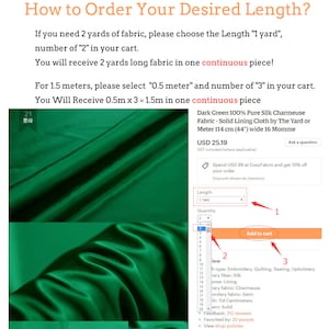 May include: A green silk charmeuse fabric with a description of how to order the desired length. The fabric is 100% pure silk and is 44 inches wide. The price is $25.19 per yard. The text on the image says "Dark Green 100% Pure Silk Charmeuse Fabric - Solid Lining Cloth by The Yard or Meter 114 cm (44") wide 16 Momme USD 25.19".