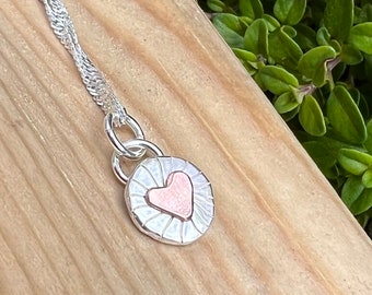 Sterling and Fine Silver Sunburst Pendant with Copper Heart, Silver Necklace, Heart, Copper