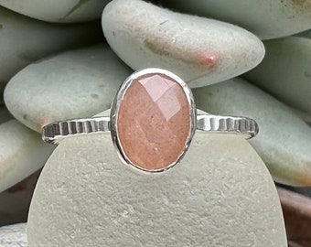 Peach Moonstone Stacker Ring, Sterling Silver, various sizes