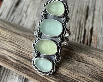 Quadruple Sea Glass Ring, Sterling Silver, size UK R US 9