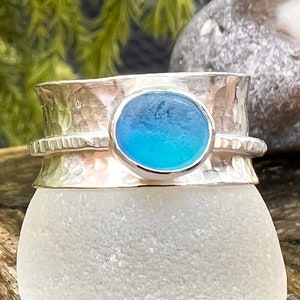 Sea Glass Spinner Ring, Sterling Silver,  size UK O US 7.5