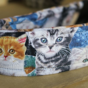 May include: A white fabric collar with a repeating pattern of colorful cats. The cats are in various poses and have different colored fur.