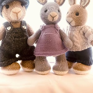 May include: Three knitted bunny dolls. One bunny wears a blue cap and overalls, another a purple dress, and the third a white sweater and blue shorts. The bunnies have tan and white feet and long ears.