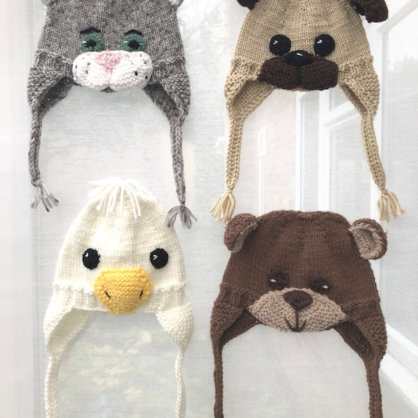 Animal Earflap Hats in 3 sizes PDF knitting pattern Download - knitted flat - Written in ENGLISH