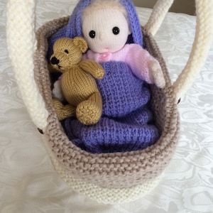 Crib, sleep sack, pillow and tiny teddy for Baby Poppet PDF (doll not included) knitting pattern Download, knitted flat - written in ENGLISH
