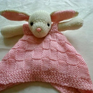 Bunny Buddy Comfort Blanket pdf knitting pattern download - knitted flat - written in ENGLISH