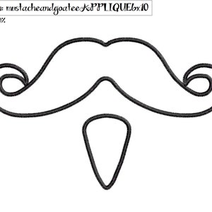 May include: Black line art of a mustache and goatee on a white background. The mustache has curled ends. The goatee is a simple, pointed shape. The design is labeled "mustacheandgoatee APPLIQUE6x10" and "Scale: 100%."