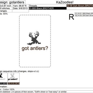 May include: An embroidery design labeled "gotantlers?" featuring a silhouette of a deer's antlers above the text. The design is 5.02 x 3.87 inches and includes details like thread colors and stitch count. The design is on a white background.
