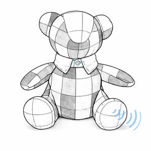 May include: A stuffed teddy bear illustration in black and white checkered pattern. The bear has a white collar with a single button. Blue sound wave icons are next to the bear.