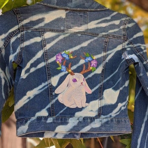 Floral Jackalope Embroidered Denim Jacket- Bleached Western Boho Chic