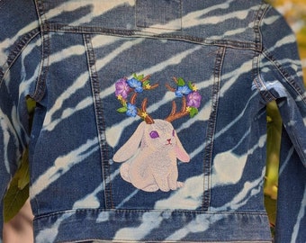 Floral Jackalope Embroidered Denim Jacket- Bleached Western Boho Chic