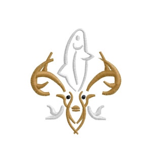 May include: Embroidered design featuring a stylized deer head with antlers, a fish, and the text "Design: buckhead5x7" and "Scale: 100%" in a white font. The deer head and antlers are in shades of brown, while the fish and other details are white.
