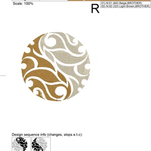 May include: Embroidered design featuring a circular pattern with swirling, abstract shapes in beige and light brown. The design measures 3.65 x 3.67 inches and is made with 12400 stitches. The design is from KaZoodles Design Studio.