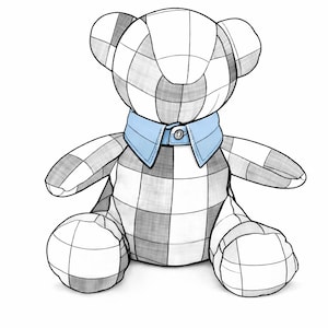 May include: A stuffed teddy bear with a black and white checkered pattern. The bear has a light blue collar with a button closure. The bear is sitting upright with its arms and legs extended.