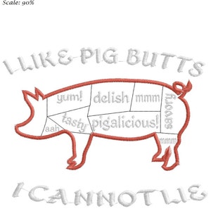 Pode incluir: Design bordado com um porco com cortes rotulados com palavras relacionadas com comida. O texto "I like pig butts and I cannot lie" está acima e abaixo do porco. O design tem aproximadamente 19,2 x 15 cm.