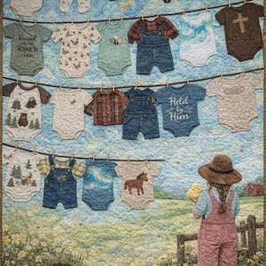 May include: A quilt featuring a printed scene of a child in a hat and pink overalls standing in a field, with multiple baby onesies and outfits hanging on clotheslines above. The onesies display various graphics, including text, animals, and patterns.