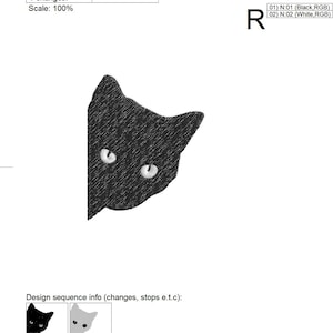 May include: A black cat face embroidery design, labeled "curiouskitty," with white eyes peeking out from the corner. The design is 2.83 x 3.51 inches and includes the text "KaZoodles Design Studio."