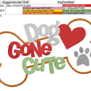 Op de afbeelding: Een geborduurd ontwerp met de woorden "Dog Gone Cute" in rood, wit en groen, op een botvormige achtergrond. Een rood hart en een grijze pootafdruk zijn ook inbegrepen. Het ontwerp meet 25,19 x 15,37 cm.