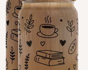Plants, Books, and Coffee glass can cup with lid and straw