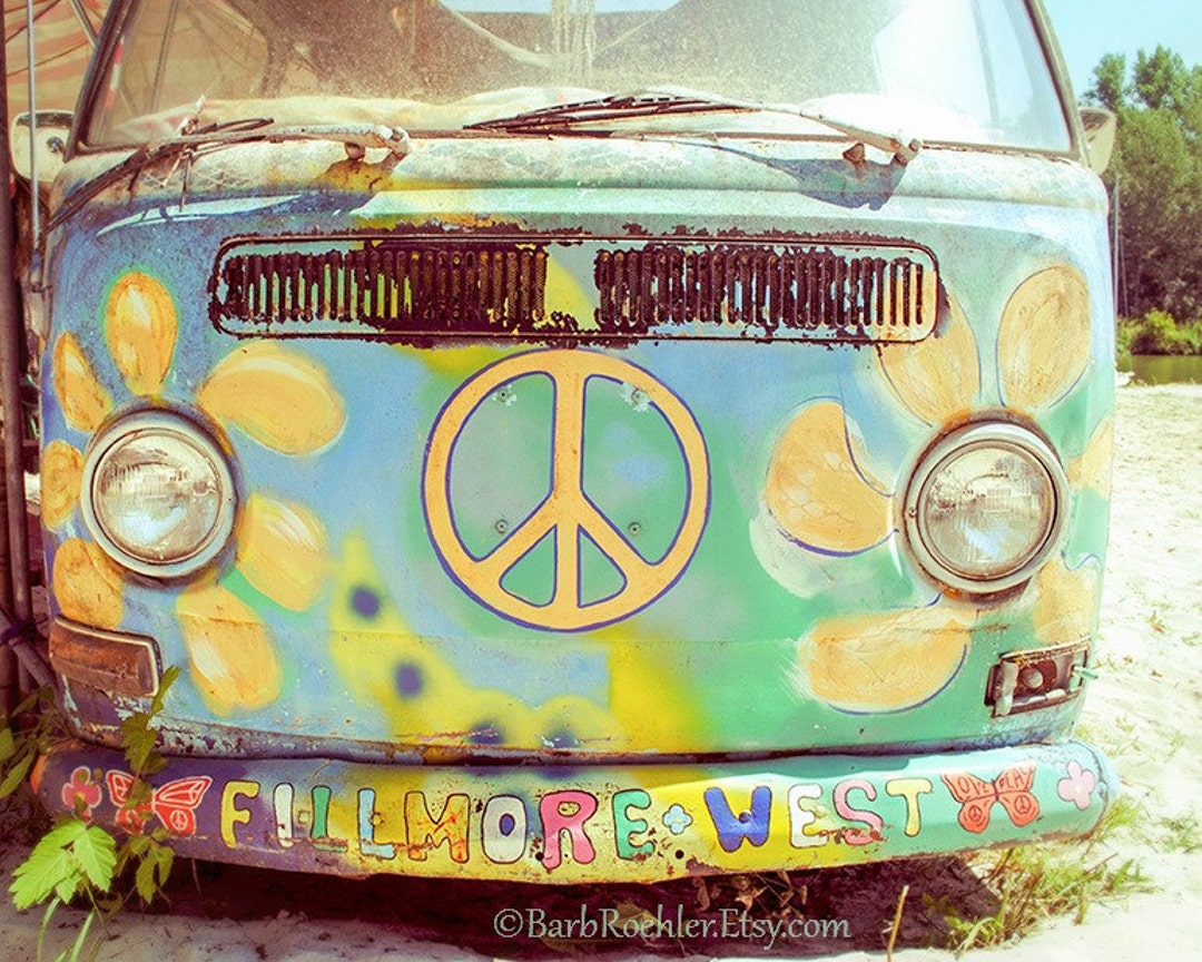 Hippy Van Wall Art Retro Print Vintage Car Photography Garage Art Rust Blue Peace Sign 8x10