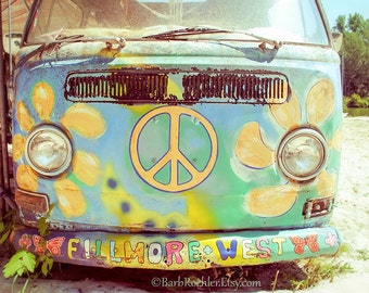 Hippy Van - Wall Art - Retro Print - Vintage Car Photography - Garage Art - Rust - Blue - Peace Sign - 8x10 print