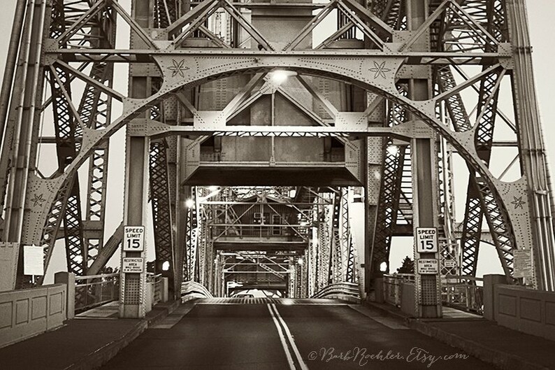 Canal Bridge at Night Duluth City Photography Fine Art Print 8x12 Print Minnesota Lines Iron Film Look Black & White image 1