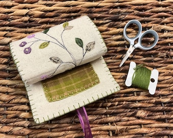 Embroidered pincushion roll, handmade, sewing kit